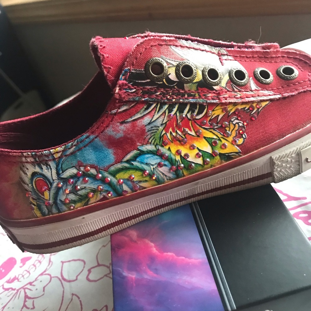 Ed Hardy Red Multicolor Women Canvas Sneakers - Picture 8 of 9